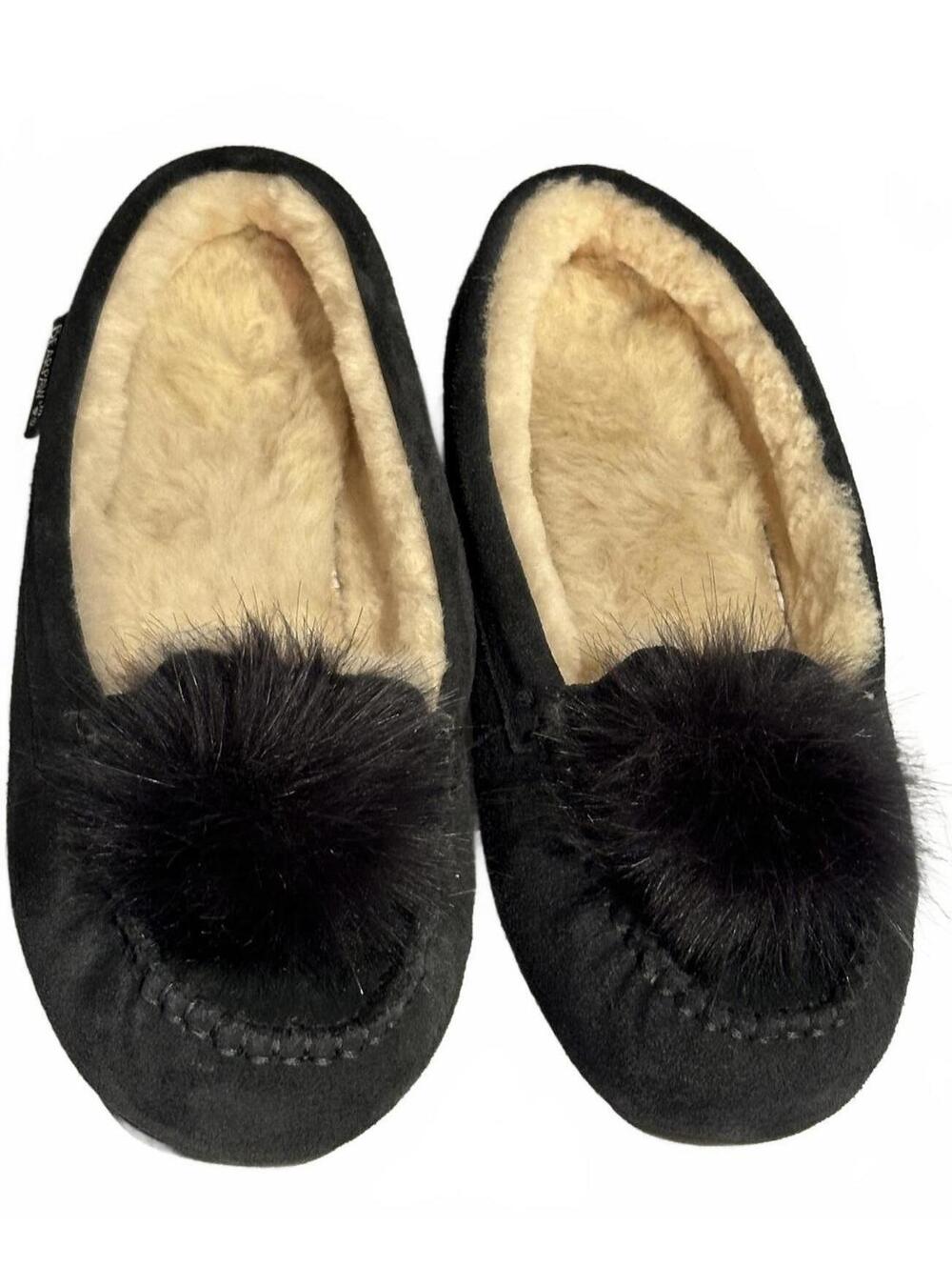 Bear Paw Navy Blue Faux Fur Lined Moccasin Slippers w Pom Pom Size 9
